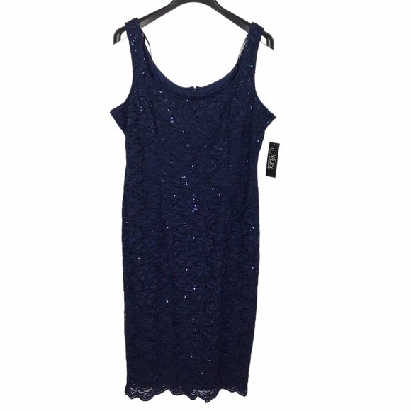 Alex Evenings Navy Blue Lace Sequin Cocktail Sheath Dress w/ Jacket Women's 16 - Picture 7 of 12